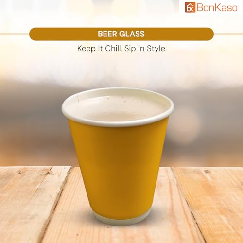 Image of BonKaso 360ml Double Wall Disposable Cups | Beer-Style Ripple Glass for Hot & Cold Drinks | Insulated Leak-Resistant Beverage Glasses for Events & Cafes - Yellow - Pack of 25