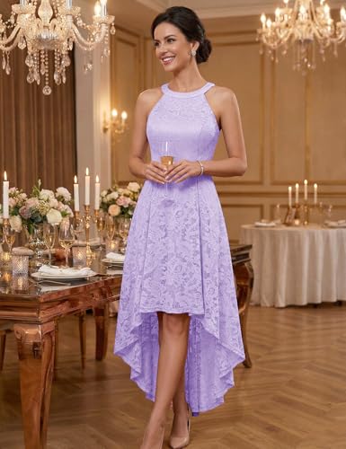 Image of Dressystar Women Halter Lace Wedding Guest Dress Hi-Lo Cocktail Party Bridesmaid Formal Dresses
