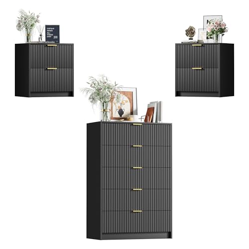 Image of Furniway 3 Piece Bedroom Set, 5 Drawer Dresser and Nightstand Set of 2 with Gold Handles, Modern Wood Chest of Drawers Storage Cabinet for Bedroom, Black