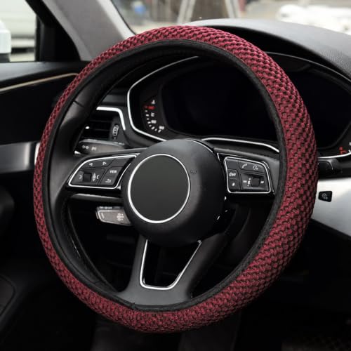 Image of KAFEEK Elastic Stretch Steering Wheel Cover, Universal 15 Inch, Wine Red