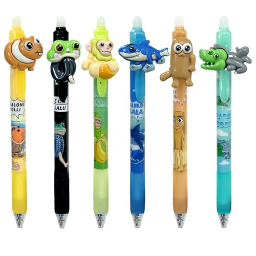 Bolígrafos Borrable Italian Brainrot, 6 Bolígrafos de Gel Borrables, Tinta de gel Borrable, Punta de 0,5 mm, para Suministros de Oficina Utiles Escolares, Notas y Bocetos, Bombardiro Crocodilo