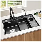 304 Edelstahlspüle Stufenwaschbecken Druckbecher-Unterlegscheibe Home Waschbecken Gemüsebecken Single Waschbecken (Color : Black-d, S : 82x46x23cm)