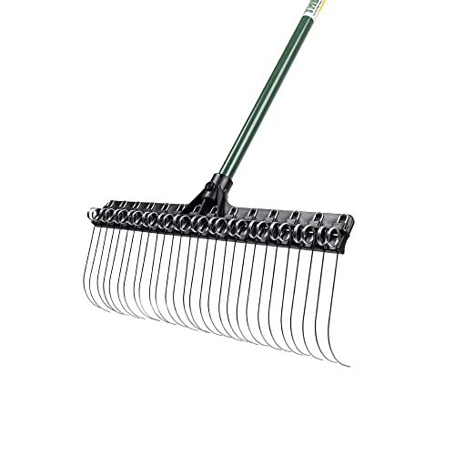 Rake 55-inch Lightweight Fiberglass Handle, 21-inch Head, Durable Steel Tines for Gardening, De-Thatching or Professional Landscaping - Green (6-Pack)
