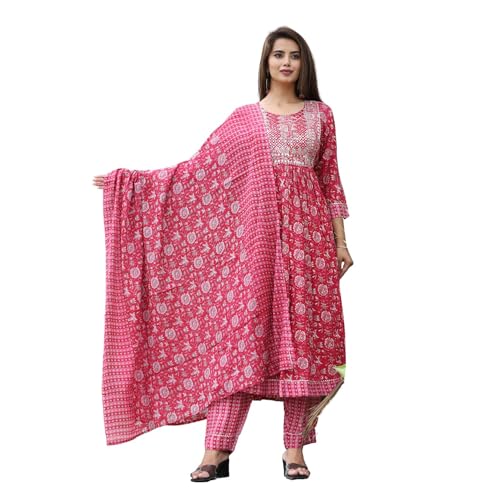 Image of Women's Stylish Rayon Nayra Cut Kurta Embroidered Work and Round Neck 3 /4 Sleeve with Pant Dupatta Set