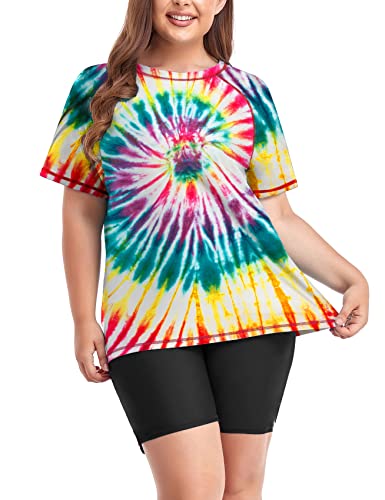 Inno Women's Plus Size 2 Piece Rash Guard Swimsuits Short Sleeve With Boyshorts Upf 50+ Surfing Swimwear, Floral 12, 3X #TOP1
