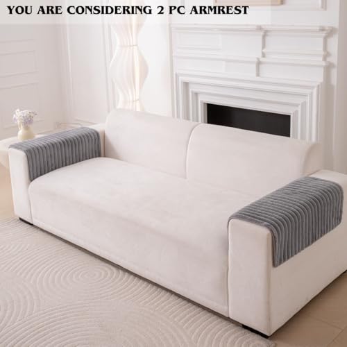 Image of HOMETHREADS 600GSM Thick & Soft Rabbit Fur Plush Sofa Cover-Luxurious Cozy Slipcover, Washable & Pet-Friendly, Anti-Scratch Protector for Sofas (Faux Linning Grey, 2Pc Armrest | 70x50cm)