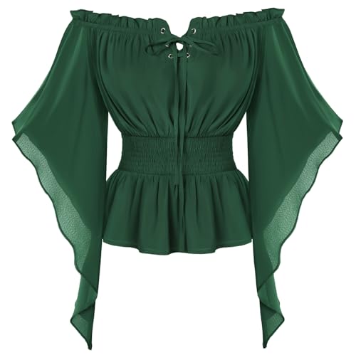 Scarlet Darkness Women Renaissance Shirt Off Shoulder Bell Sleeve Smocked Waist Tops Blouse Green L