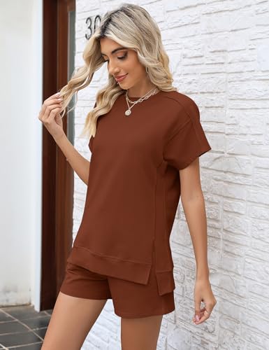 Image of LOMON Womens Fashion 2 Piece Outfits Sweatsuits 2026 Summer Short Sleeve Loungewear Tracksuit Round Neck Lounge Shorts Sets