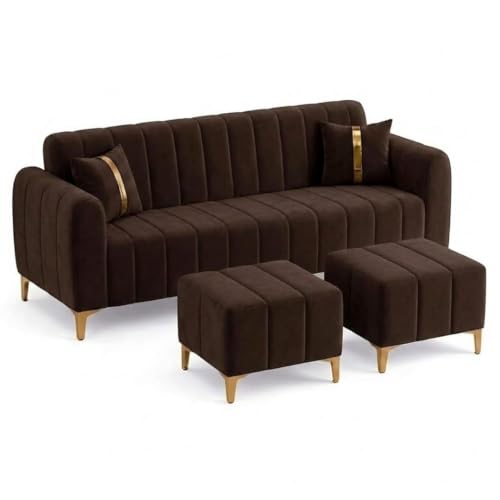 Image of FURNY Harmony 5 Seater L Shape Sofa Set with 2 Movable Ottoman & Golden Legs| Flexible Left or Right Layout | Plush Velvet Fabric (Dark Brown Color) | Perfect for Living Room, Guest Room & Office