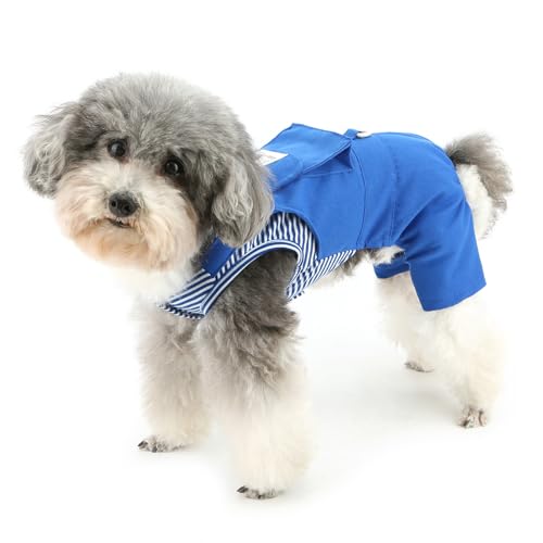 ZUNEA 犬の服 ロンパース つなぎ 春 夏 小型犬 おしゃれ ボーダー柄 ジャンプスーツ Dリング付き 可愛い オーバーオール 大きなポケット付き 柔らかい 四足 ペット ドッグウエア洋服 チワワ トイプードル 超小型犬用 服 抜け毛防止 お散歩 ブル