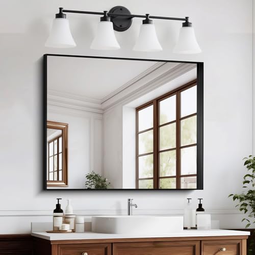 Image of LOUSACE 4 Light Bathroom Vanity Light Matte Black Bathroom Lighting Fixtures Over Mirror with Opal White Frosted Glass Shade, Vintage Traditional Wall Lighting Fixture Vanity Lights for Bedroom
