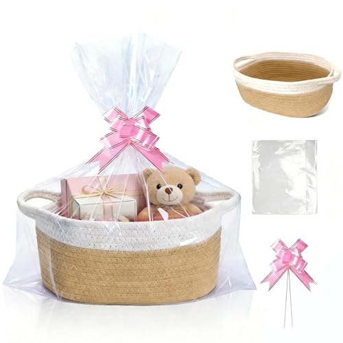 Präsentkorb Leer - Ovaler Aufbewahrungskorb aus Baumwollseil Geschenkkorb Leer mit Geschenktasche und Geschenkband für Hochzeit Geburtstag Einweihung Babyparty (Khaki-Weiß)