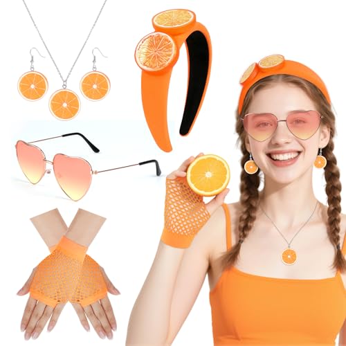 Hifot 5 PCS Accesorios Disfraz Naranja Mujer, Diadema Naranja Gafas Corazon Pendientes Collar Guantes de Red, Complementos Disfraz Fruta Disfraces Carnaval para Halloween Fiesta Festival Celebración
