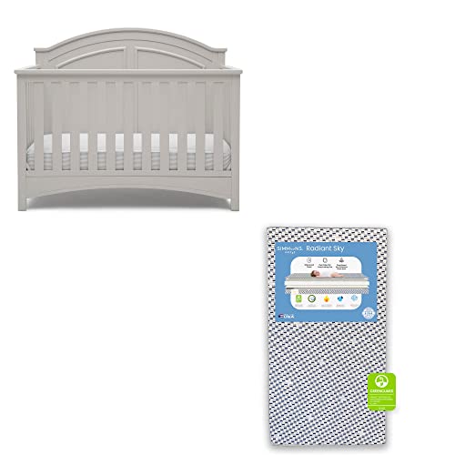 Image of Delta Children Perry 6-in-1 Convertible Crib - Greenguard Gold Certified, Moonstruck Grey + Simmons Kids Radiant Sky Dual Sided Baby Crib Mattress and Toddler Mattress (Bundle)