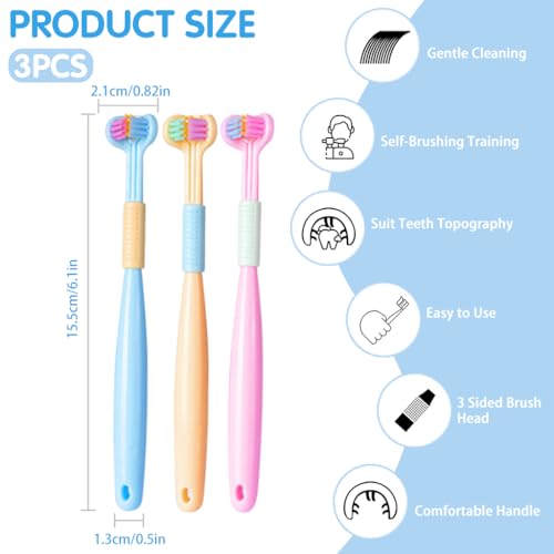 Image of HANNEA 3Pcs Kids Toothbrush Set, Three-Sided Soft Bristles, Tongue Scraper | Front and Back Coverage, Gentle Gum Contact, Built-In Tongue Cleaning, Daily Oral Care for Children