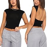 【Schickes Design】rückenfrei und tailliert, runder Ausschnitt, kurze Ärmel, schmale Passform, zwei Tragemöglichkeiten mit verschiedenen Kleidungsstücken, um verschiedene Outfits zu präsentieren