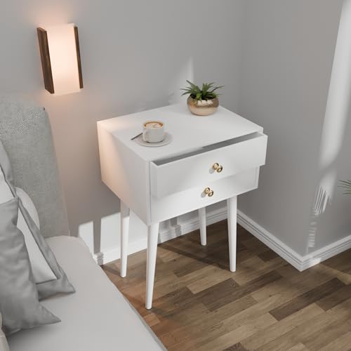 Image of ETIQUETTE ART Modern Bedside Table with Solid Wood Legs Minimalist and Practical Bedside Table End Side Table with 2 Drawer Storage for Bedroom & Living Room (White)