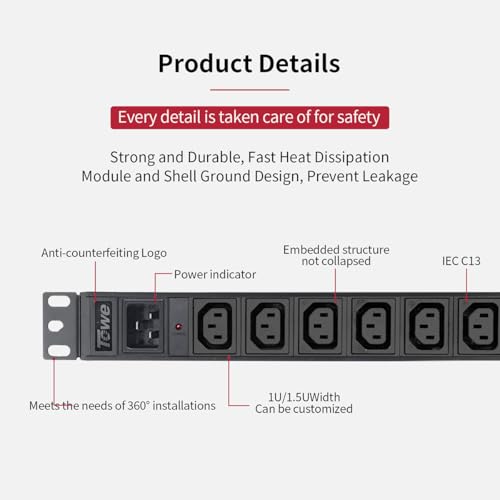 Towe Power Strip 8 tomas IEC C13 PDU metálica con tomacorriente incorporado C20, 16A 250V 4000W para rack de servidores y centros de datos miniatura 3
