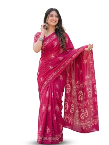 Image of Women's Pure Cotton Printed Saree with Traditional Batik Inspired Border Design, Soft Lightweight Daily Wear Saree with Unstitched Blouse Piece for Festive, Casual and Office Wear