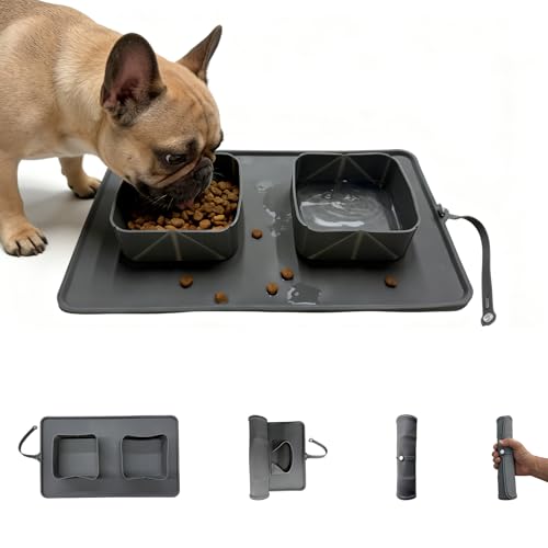 PICCYIN No Spill Collapsible Dog Bowls with Mat, 20oz 2-in-1 Roll-Up Silicone Pet Feeding Station,...