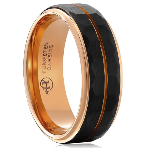 Hammered Men's Black Tungsten Wedding Ring with Rose Gold Groove - Scratchproof Comfort Fit, Hypoallergenic Male Band