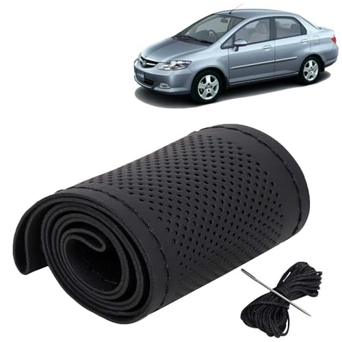 Image of KINGSWAY PU Leatherite Car Steering Cover Sewable Compatible with Honda City (Year 2003-2008), Black Color with Black Thread, Pack of 1 with Sewing Needle and Thread