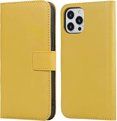 Étui pour iPhone 13 Pro Max antichoc housse cuir véritable jaune rabat