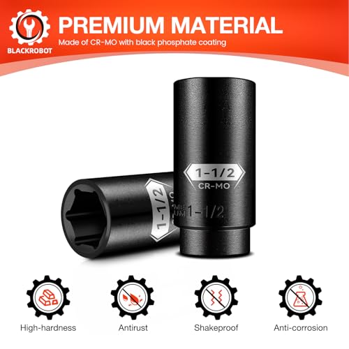 Image of BLACKROBOT 1 /2 Inch Drive 6-Point Deep Socket, 1-1 /2 inch Deep Impact Socket, CR-MO Steel