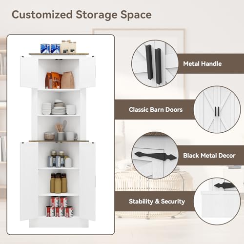 ELECWISH Tall Corner Cabinet, 68\" Farmhouse Bathroom Storage Cabinet, 5-Tier Kitchen Pantry Corner Cabinet with 4 Barn Doors, Adjustable Shelves,Home Space Saver, White