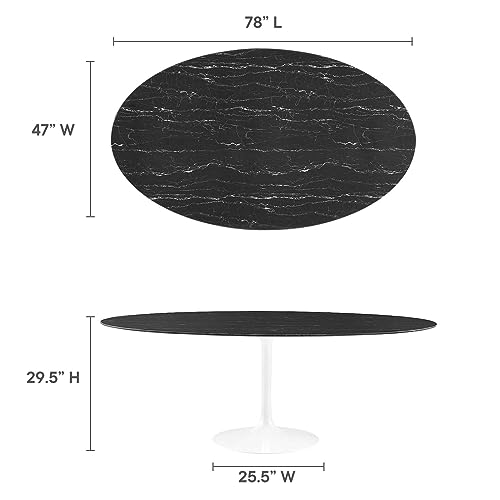 Image of Modway Lippa Oval 78 inch Artificial Marble Mid-Century Modern Dining Table in White Black
