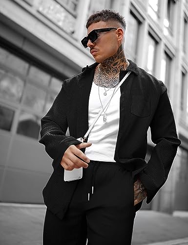 LecGee Men's 2 Piece Corduroy Shacket and Pants Outfits Long Sleeve Causal Autumn Winter Jacket Tracksuit Overshirt Set3