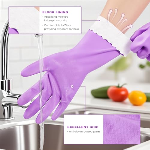 Elgood Reusable Washing up Gloves Latex Free Dishwashing Gloves with Cotton Lining, Non-Slip and Waterproof Cleaning Gloves for Kitchen 2 Pairs (Blue+Purple, M)
