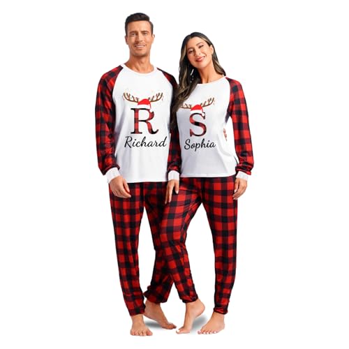 Personalized Monogrammed Christmas Pajamas for Couple Custom Initial Letter Family Christmas Shirt Plaid Pants Set