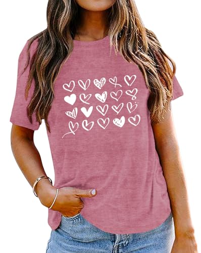 Image of Valentines Shirts for Women Valentine Love Heart Printed Graphic Tshirt Cute Girls Casual Top Lightpink