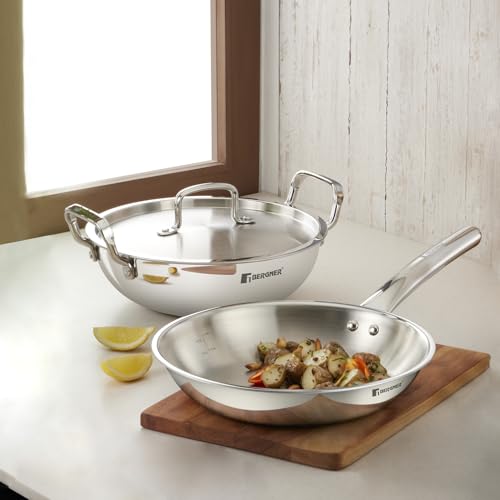 Image of Bergner Tripro BE Essentials 5 Pc Triply Cookware Set - Kadai 24cm /3L with Lid, 22cm /1.5L Frypan, Large Biryani Handi 32cm /8.4L with Lid, Less Oil Use, Healthy Cooking - Induction and Gas Stove Ready