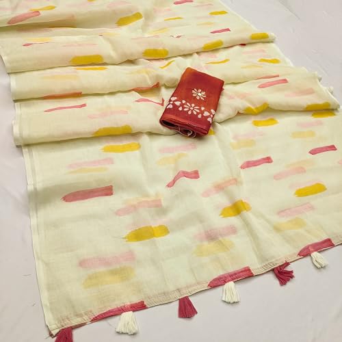 Image of Pure Linen Cotton Paint Saree with Cotton Handwork Blouse, Lemonish White, 5.5 Meters