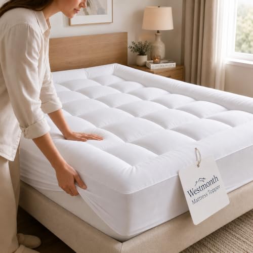 Westmonth Mattress Topper Premium Quilted 1000gsm Westmonth Mattress Topper Luxury Extra Thick Mattress Topper Breathable & Fluffy Soft Deep Pocket Fits 8-21 Inch (White King)