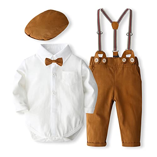 Geagodelia Ensemble Gentleman Bébé Garçon de 3 Pièces, Body Chemise à Manches Longues avec Noeud + Pantalon à Bretelle + Chapeau (Brun, 6-12 mois)