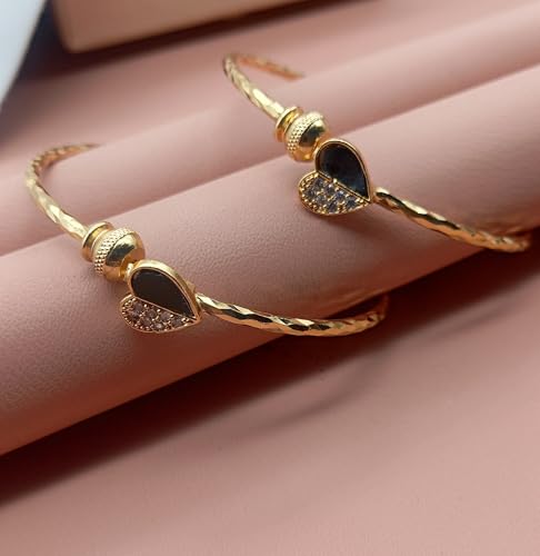 Image of Gold Plated Heart Bangle Bracelet, Twisted Rope Design with Black and Crystal Accent, Adjustable Cuff Style, Fashion Jewelry for Women