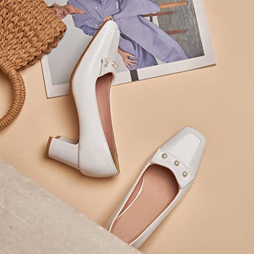 Women's Square Toe Pearls Slip On Loafers Pumps Chunky Block Mid Heels Work Office Pump Dress Shoes3
