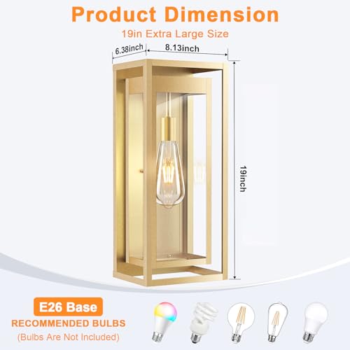 Image of 19 Inch Gold Outdoor Wall Light Fixtures, 2 Pack Porch Lights | Large Size, Anti-Rust, Waterproof, Tempered Glass, Easy Installation, Exterior Wall Sconces for House Entryway Garage