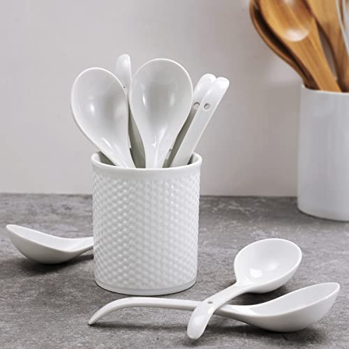 Image of Buyajuju 6-Piece Porcelain Asian Soup Spoons, 9 Inch, White, Japanese Style, Dishwasher Safe