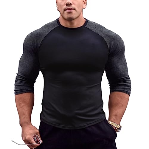 Mens Muscle Cut Raglan T Shirts with 3/4 Sleeve Fitness Workout Tops