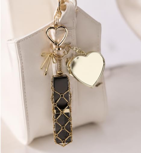 Image of Indiana Y2K Metal Lipstick Holder with Touch Up Mirror, Golden Heart-Shaped Clasp Design Portable Makeup Lipstick Balm Organizer Chic Bag Link Charm Accessories