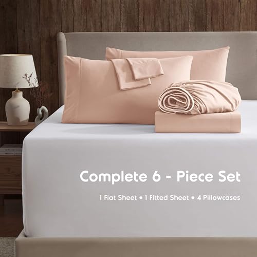 Image of Nestl Extra Deep Cal King Sheet Set - 6 Piece Breathable & Cooling Sheets - Hotel Luxury Bedding Set w /18-24 Inch Deep Pockets - Easy & Secure Fit - Super Soft, Wrinkle Free & Comfy - Peach Beige