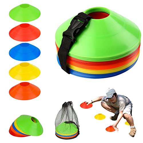 50 Piezas Juego de Conos de Fútbol, Conos De Disco para Entrenamiento con Correas con Hebilla, Bolsillos de Malla, Conos de Marcado para Entrenamiento, 5 Colores