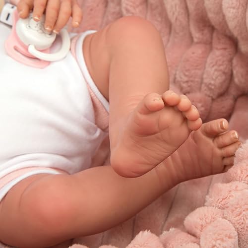 ARIAS - Reborn Lola Puppe, 40 cm, mit weißer Kleidung und rosa Mütze und Babywanne, Neugeborenes mit Vinylkörper, Windelzubehör, Schnuller und Schnuller, Spielzeug für Kinder ab 3 Jahren (ARI98110) – Bild 6