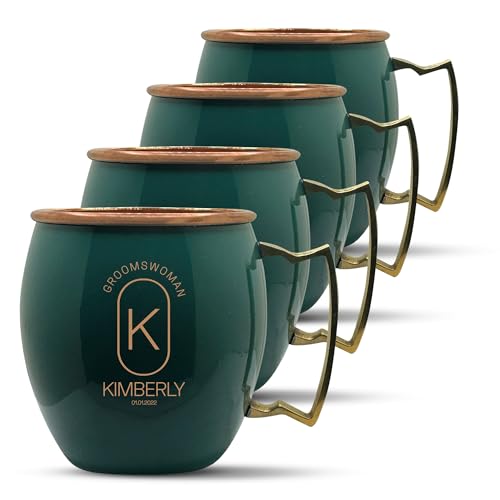 Custom 100% Copper Moscow Mule with Smooth Painted Finish - Engraved Bar Style Cup with Personalized Groomswomen Monogram Oval Border Themed Engraving, Brass Handle | 18 oz, Green | Set of 4