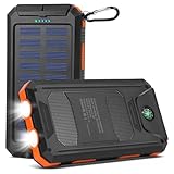 Cargador Solar 20000mAh, Power Bank con 2 Puertos Salida USB, Mosquetón, Linterna LED y Brújula, Batería Externa Impermeable Portátil, Banco de Energía Solar para Smartphones, Tablets, Cámping
