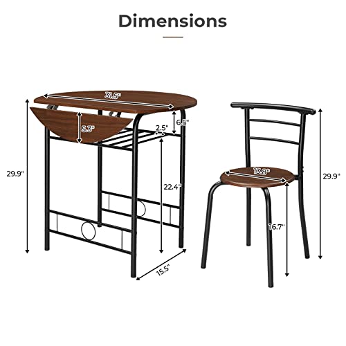 Image of VINGLI 31.5 inch Drop Leaf Dining Table Set for 2, 3 Pieces Dining Table with Chair for Small Space, Small Kitchen Extendable Folding Dining Table for Dining Room,Home, Apartment, Saving Places, Walnut